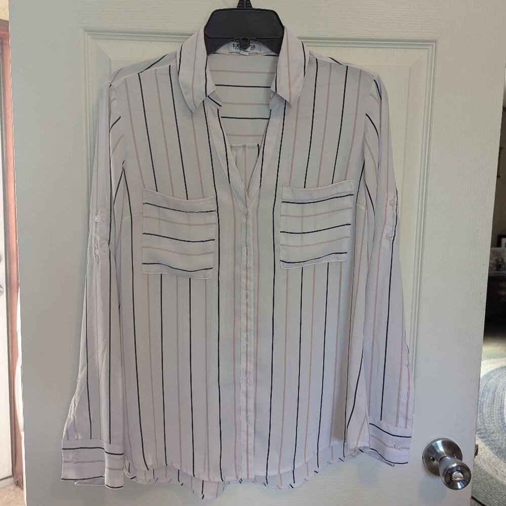Express Size Medium White With Vertical Stripes Rollable Cuffs Button-Up Blouse